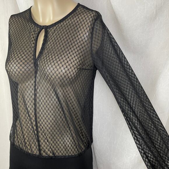 💋 Black Sheer Lattice Crosshatch Lace Bodysuit Long Sleeves Key Hole Forever 21 - Picture 9 of 16